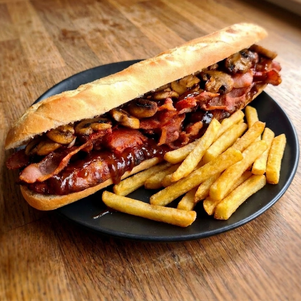 BBQ 2 Sausage 4 Bacon 50g Mushroom Sandwich